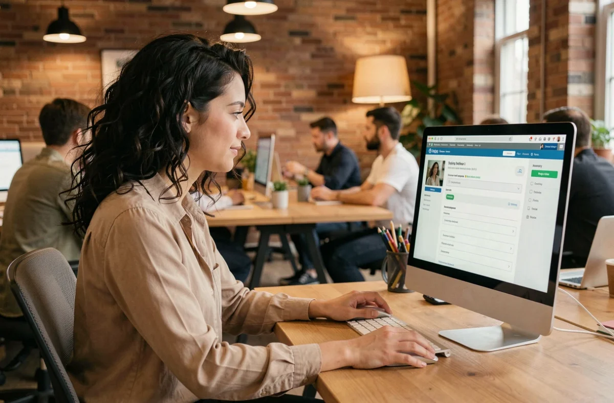 Jeune femme accédant à ses informations personnelles sur un ordinateur de bureau dans un espace de coworking