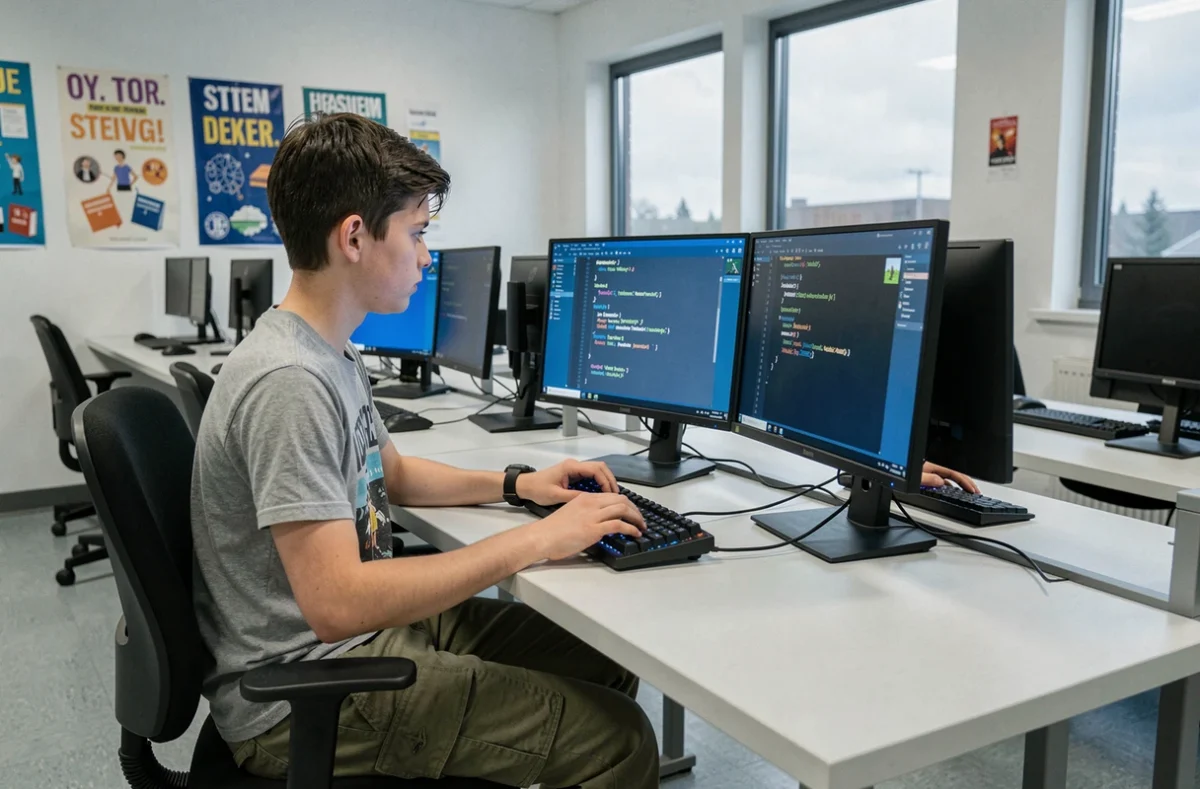 Adolescent de 14 ans programmant en Python sur un ordinateur dans un laboratoire informatique scolaire moderne