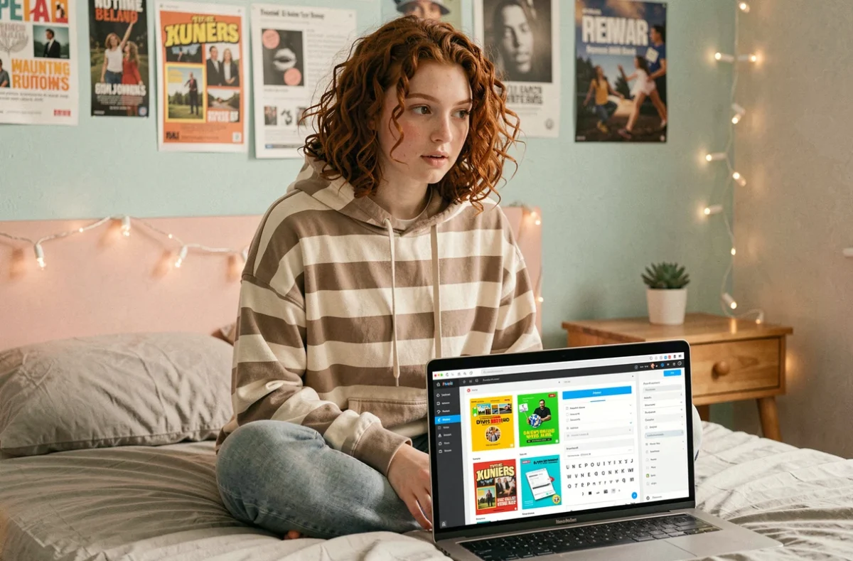 Adolescente créant une affiche en ligne gratuitement sur son ordinateur portable depuis sa chambre