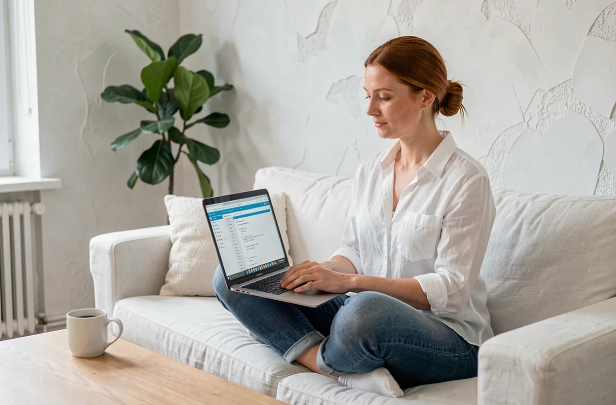 Femme adulte de 35 ans apprenant à coder seule sur son canapé avec un tutoriel en ligne sur son ordinateur portable