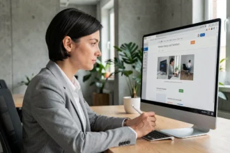 Femme professionnelle analysant l'interface d'un site web sur un grand écran de bureau dans un espace de travail moderne