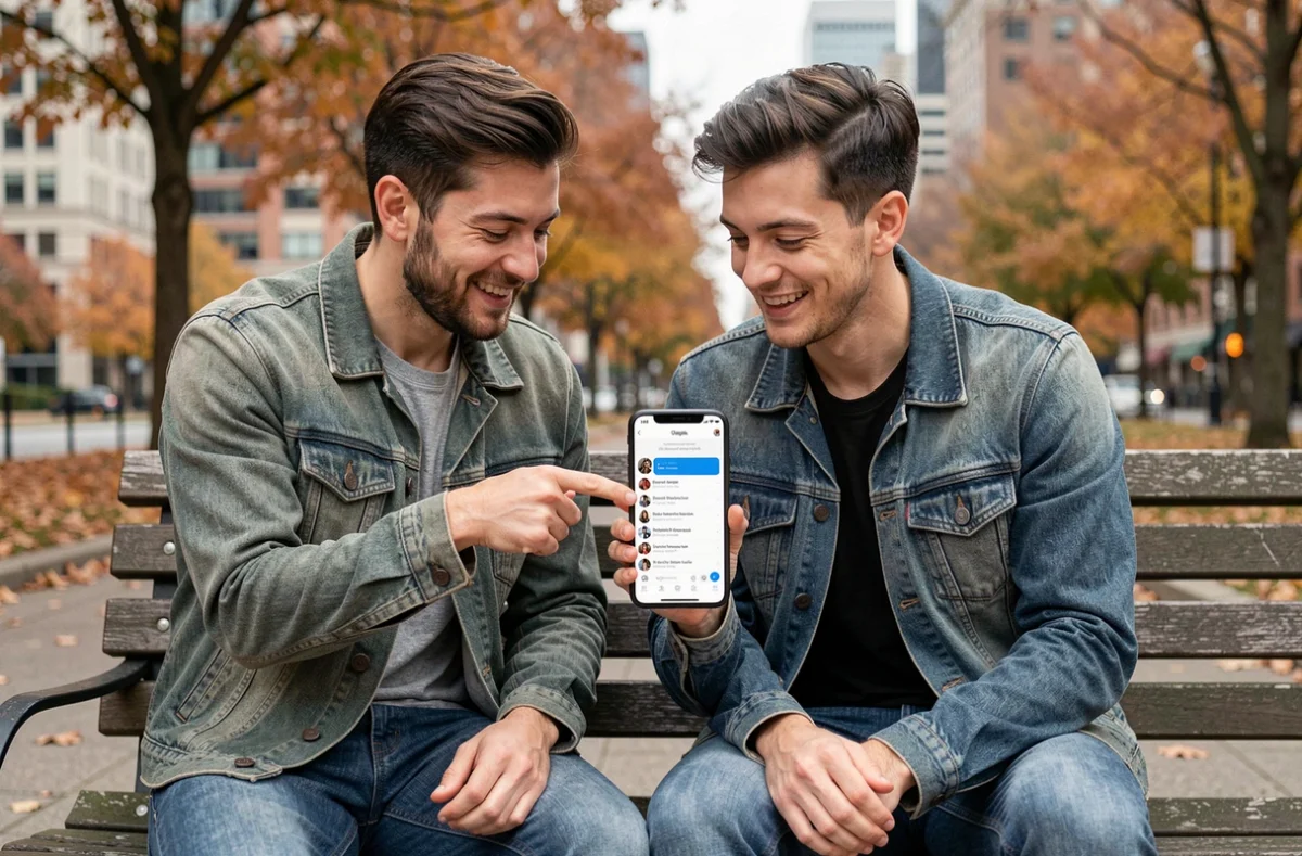 Deux amis regardant ensemble une application de messagerie pour envoyer un message à plusieurs contacts individuels