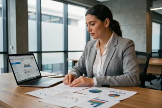 Professionnelle du marketing digital analysant des graphiques de référencement SEO sur un bureau en bois dans un bureau moderne
