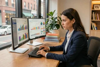 Femme analysant des tableaux de bord de publicité en ligne sur deux écrans dans un bureau moderne