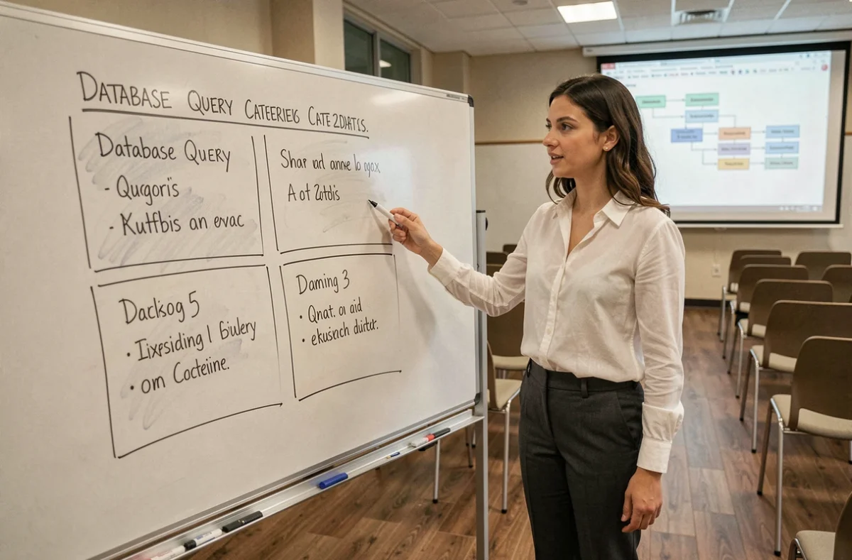 Analyste de données expliquant les sous-langages SQL sur un tableau blanc dans une salle de formation