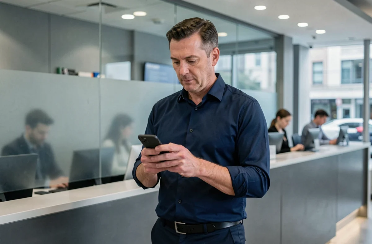 Homme consultant une application bancaire sécurisée sur smartphone dans une agence bancaire moderne