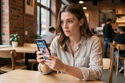 Femme consultant les applications les plus populaires sur son smartphone dans un café urbain