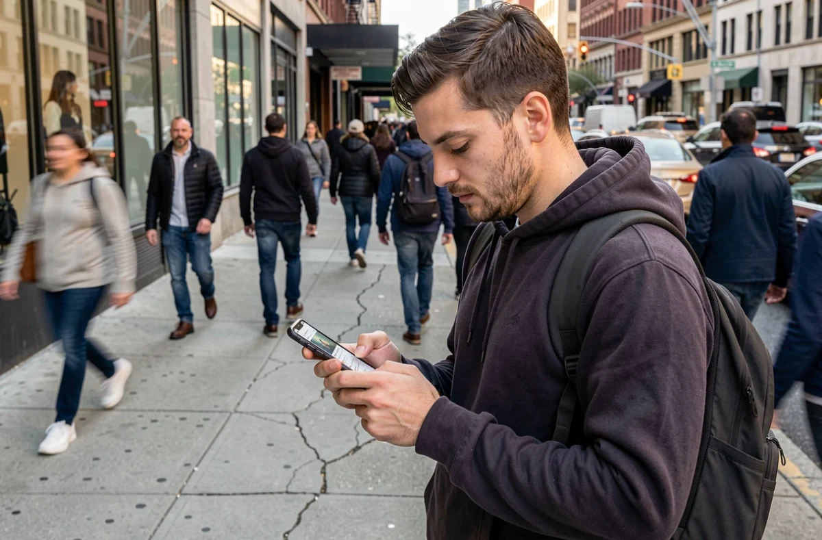 Homme utilisant une application populaire sur smartphone dans une rue animée en ville