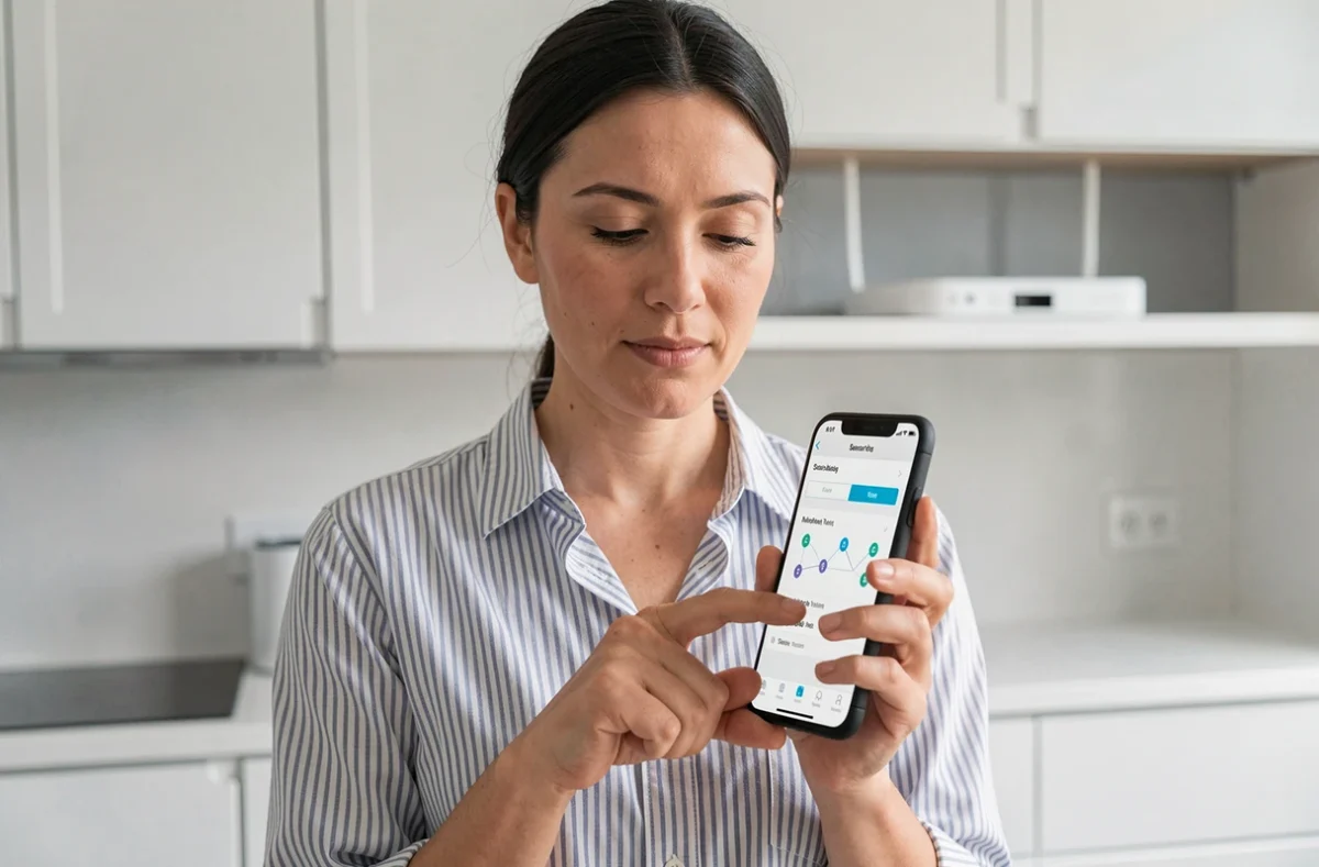 Femme gérant la sécurité de son réseau domestique depuis une application mobile