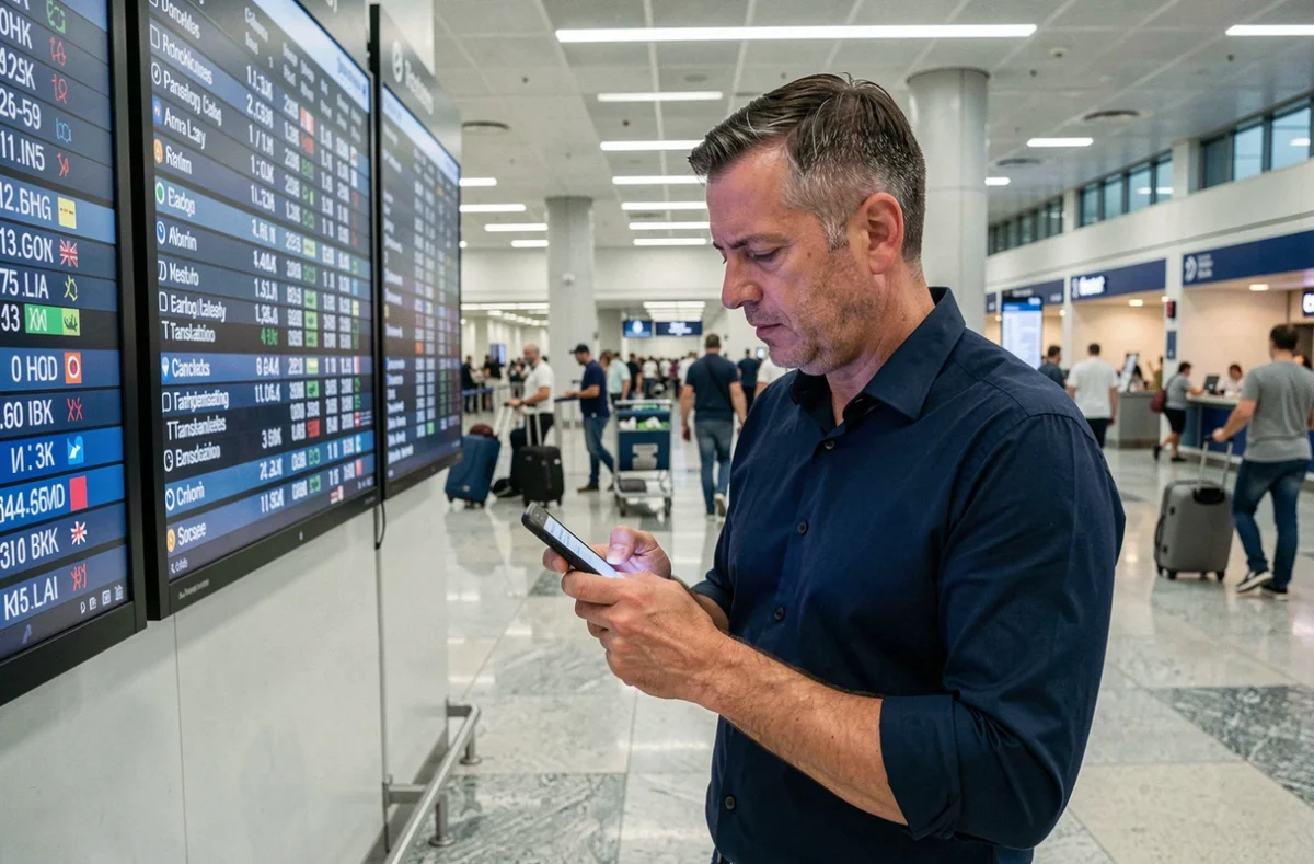 Homme d'affaires cherchant une application de traduction sur son téléphone dans un aéroport international