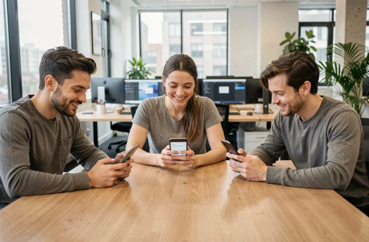 Groupe de personnes comparant les applications les plus utilisées sur leurs smartphones au bureau