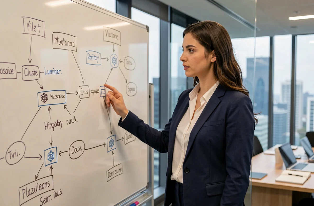Architecte cloud expliquant l'organisation des conteneurs Kubernetes devant un tableau blanc avec des schémas de cluster