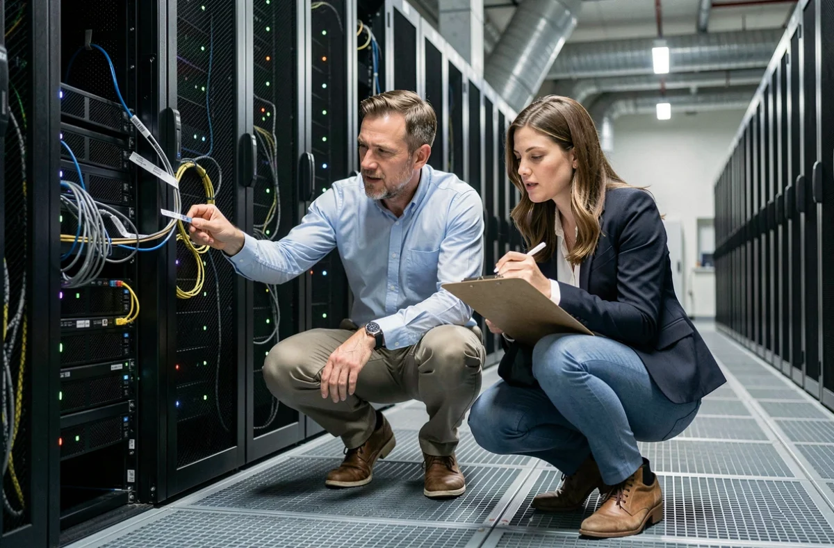 Deux auditeurs inspectant un rack de serveurs dans une salle informatique lors d'un audit technique