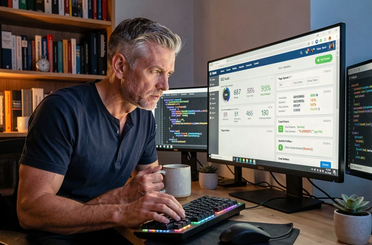 Développeur web masculin examinant un audit SEO technique sur un grand écran dans un bureau à domicile