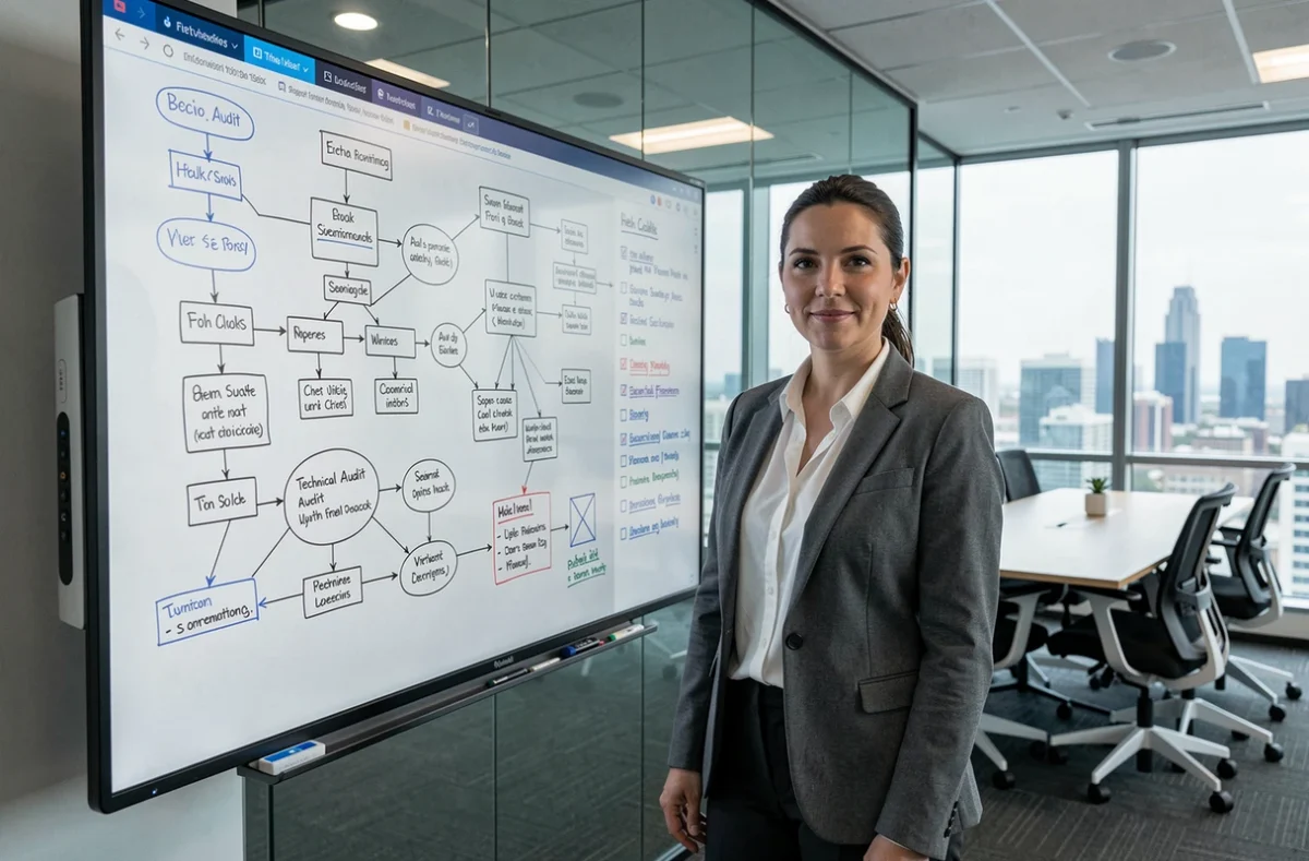 Consultante présentant les étapes d'un audit technique sur un tableau de bord numérique