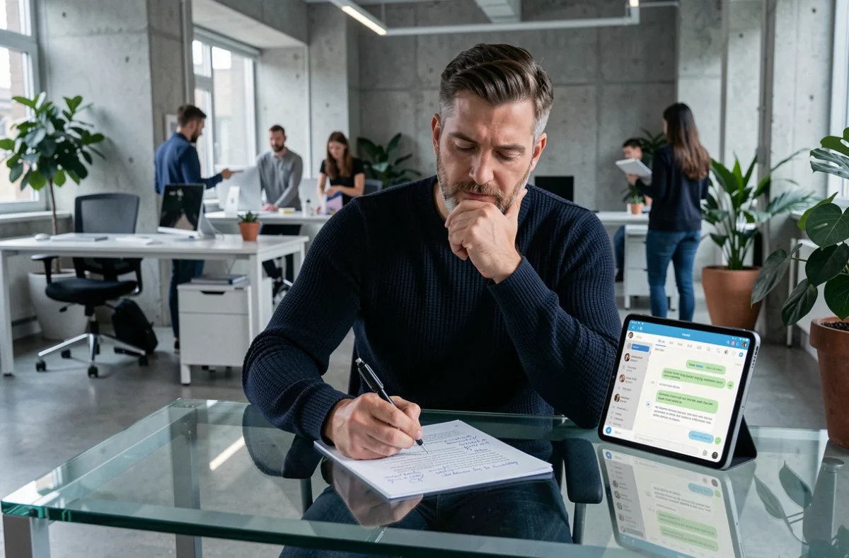 Un auteur masculin annotant un manuscrit imprimé assisté par une intelligence artificielle dans un bureau moderne
