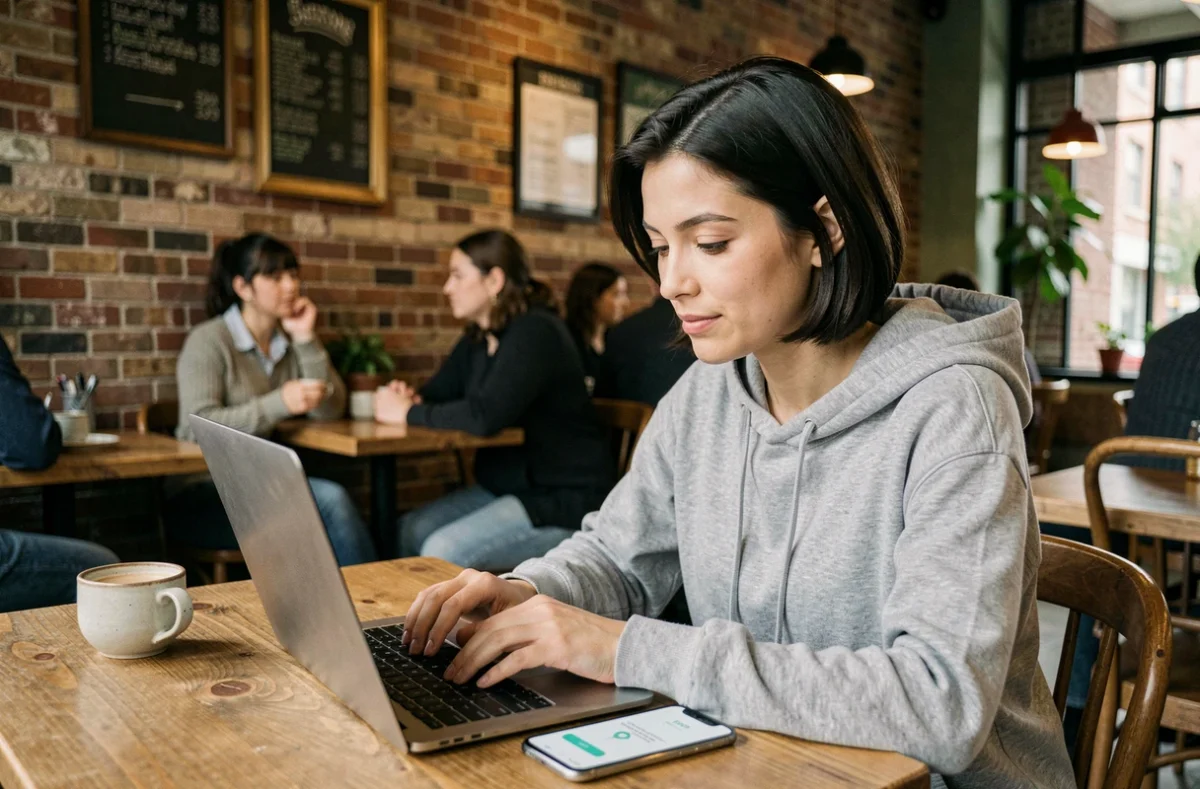 Femme utilisant l'authentification à deux facteurs sur son téléphone et son ordinateur dans un café