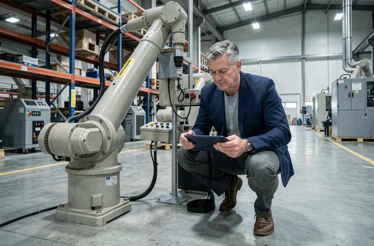 Ingénieur inspectant un bras robotique automatisé sur le sol d'une usine industrielle moderne