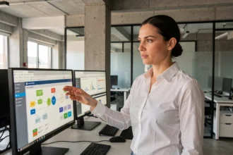 Femme professionnelle analysant des tableaux de bord d'automatisation sur plusieurs écrans dans un bureau moderne