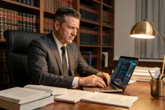 Avocat étudiant les implications légales de l'intelligence artificielle dans un bureau juridique