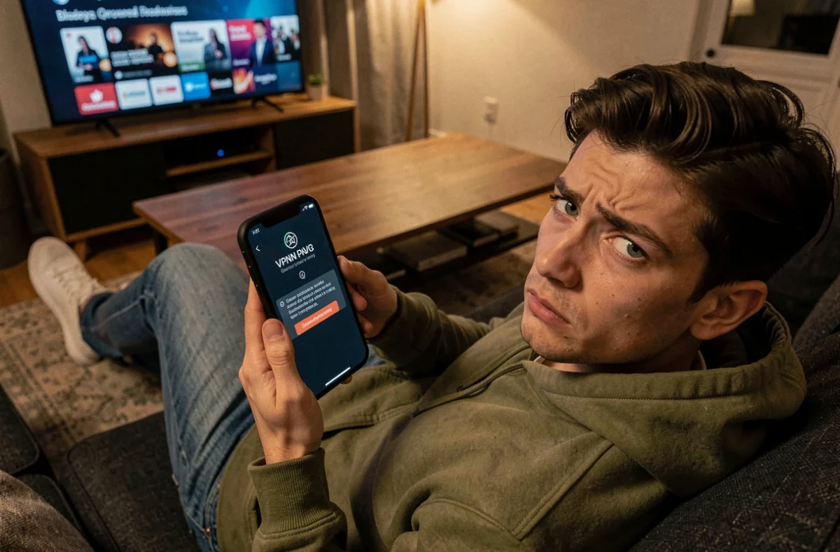 Jeune homme confronté à une restriction géographique malgré l'utilisation d'un VPN sur smartphone