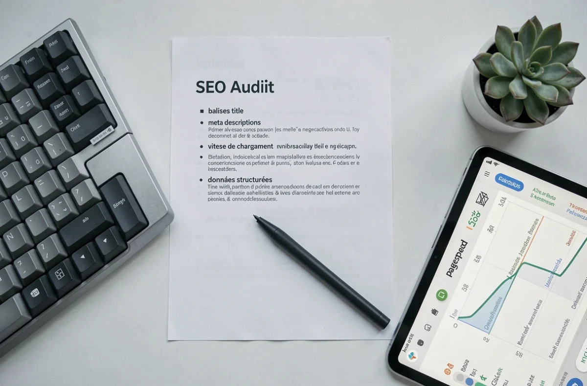 Vue de dessus d'une checklist d'audit SEO on-page imprimée posée sur un bureau avec un clavier, une tablette affichant un score de performance et un stylet
