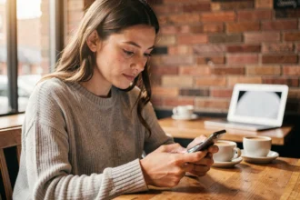 Jeune femme cherchant l'application de traduction sur son smartphone dans un café