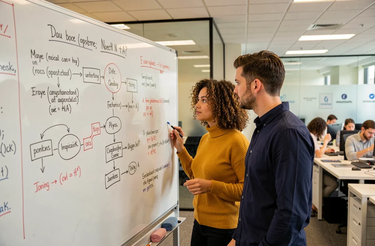 Deux développeurs collaborant sur un tableau blanc rempli d'algorithmes et de pseudocode dans un bureau moderne