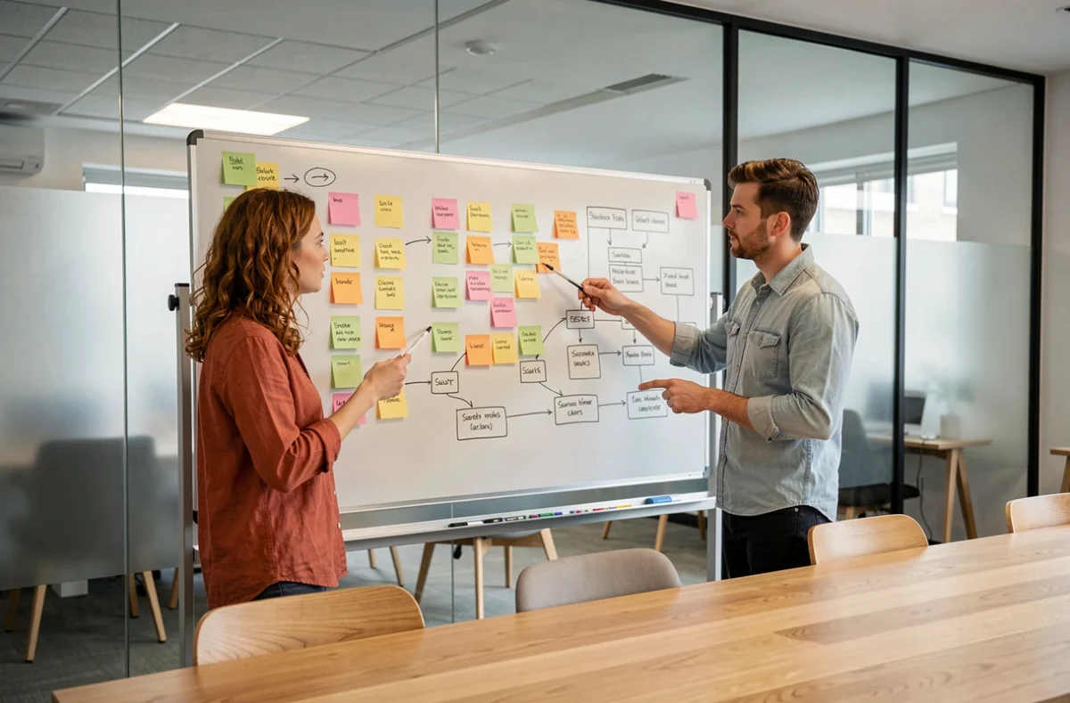 Deux collègues collaborant devant un tableau blanc avec des schémas de navigation et des notes pour améliorer la structure d'un site web