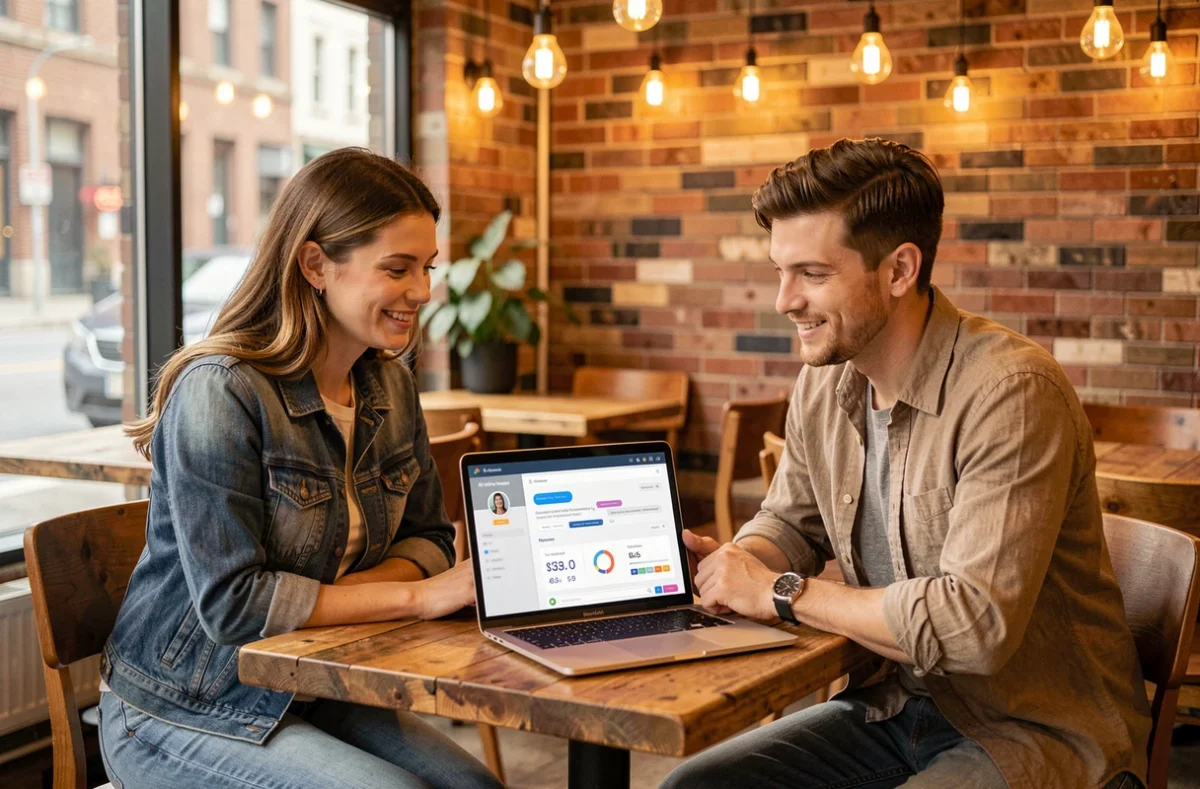 Deux jeunes professionnels collaborent sur une plateforme de marketing propulsée par l'intelligence artificielle dans un espace de coworking