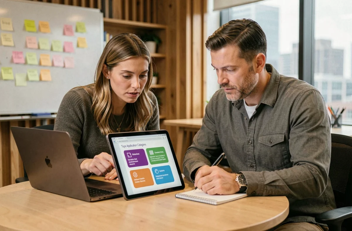 Deux collègues analysant des logiciels d'application sur une tablette et un ordinateur portable dans un espace de co-working