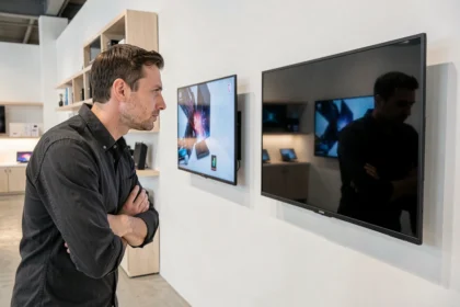 Technicien comparant deux écrans TV en 4K et HD dans un showroom électronique moderne