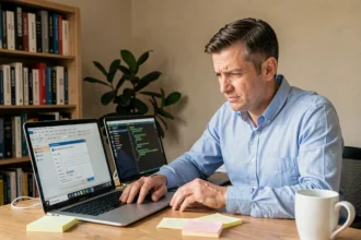 Homme comparant Microsoft Access et SQL sur deux écrans d'ordinateur dans un bureau à domicile