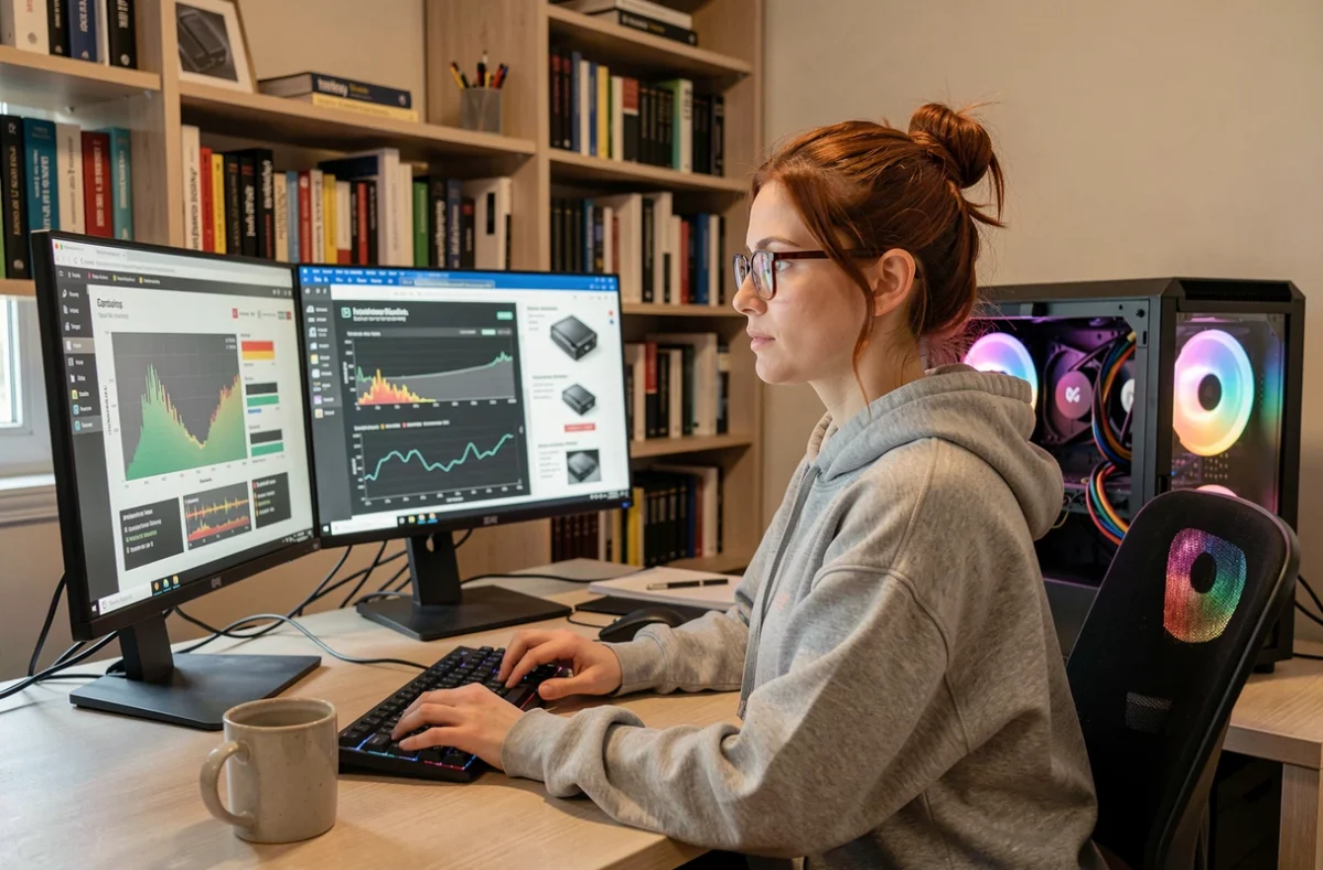 Femme comparant des benchmarks de cartes graphiques sur un double écran dans un bureau à domicile pour trouver la carte graphique la plus rentable