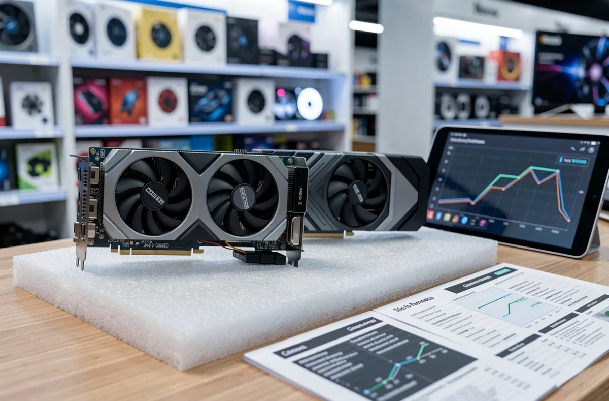 Deux cartes graphiques GPU comparées côte à côte sur une surface anti-statique avec des fiches techniques, comparatif rentabilité carte graphique