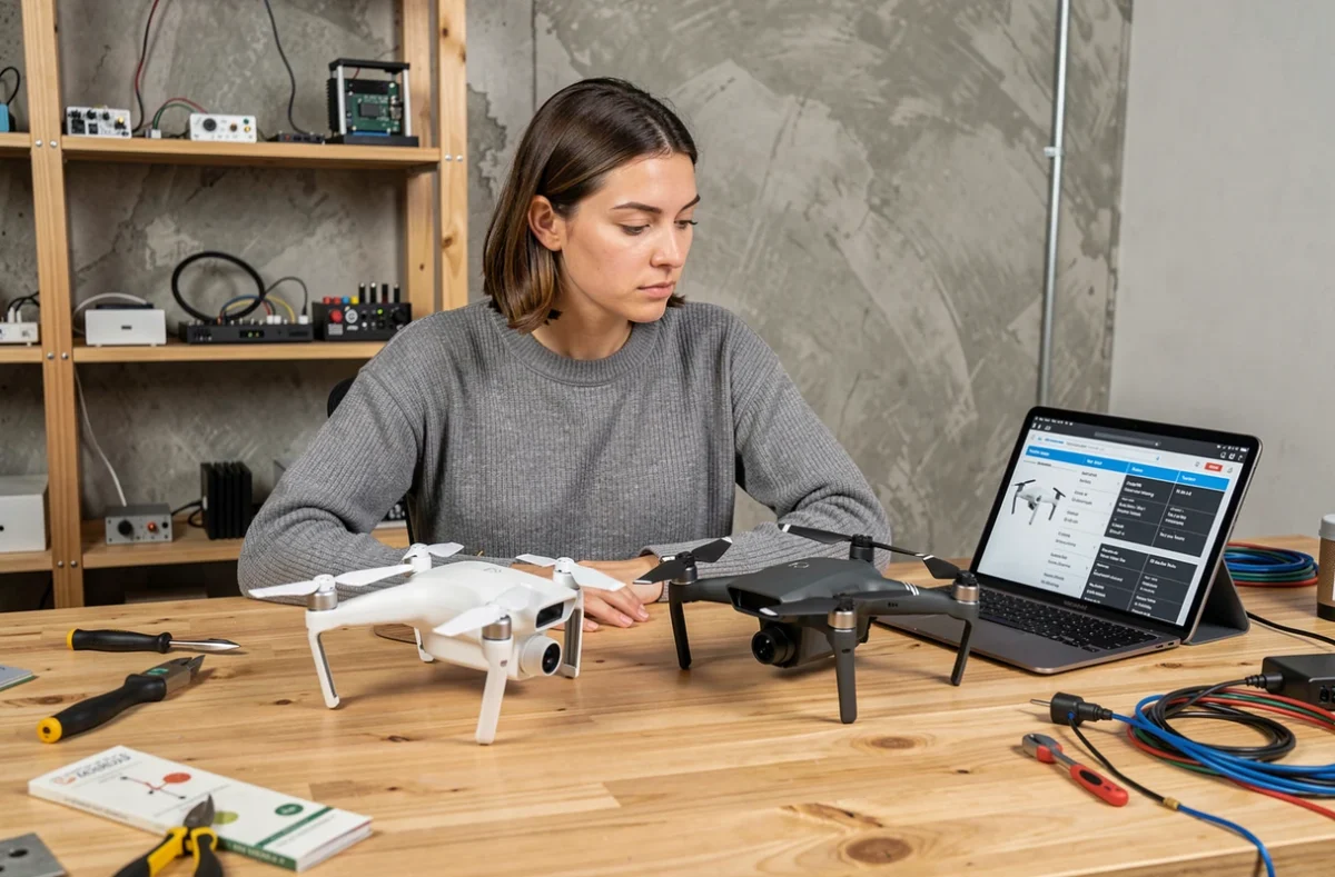 Femme comparant deux drones côte à côte sur un bureau pour choisir le meilleur modèle