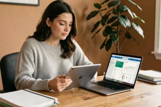 Femme comparant une tablette et un ordinateur portable posés côte à côte sur un bureau en bois dans un bureau à domicile