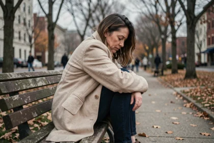 Femme seule sur un banc de parc en automne, expression vulnérable et introspective, illustrant les composants émotionnels de la vulnérabilité