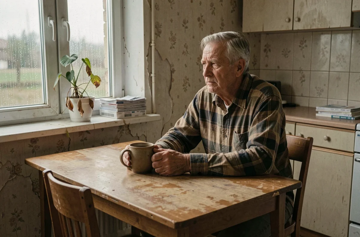 Homme âgé seul dans une cuisine modeste regardant par la fenêtre sous la pluie, symbolisant la vulnérabilité sociale et économique