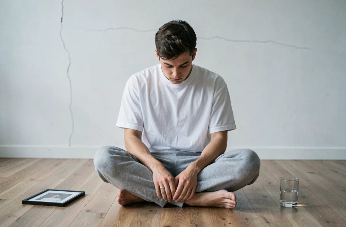 Jeune adulte assis seul sur un plancher dans une pièce vide, posture ouverte et introspective illustrant la vulnérabilité psychologique