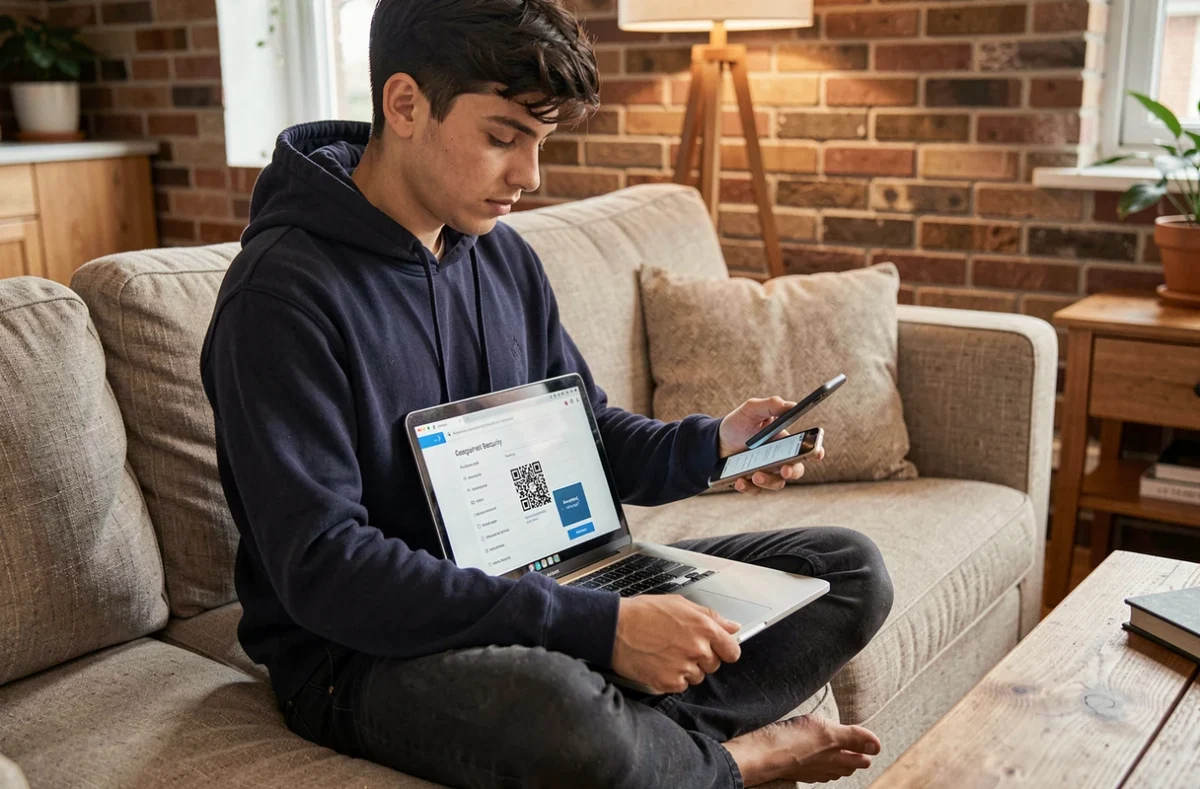 Personne configurant l'authentification à deux facteurs en scannant un QR code sur ordinateur portable depuis son canapé