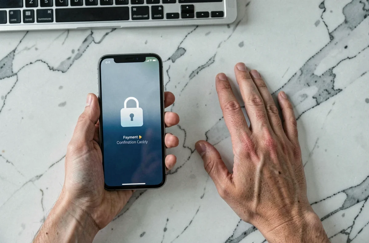 Vue aérienne d'un smartphone affichant une confirmation de paiement sécurisé en ligne avec icône cadenas