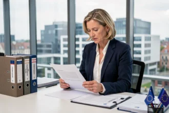 Professionnelle examinant des documents de conformité réglementaire européenne dans un bureau moderne à Bruxelles