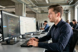 Consultant IT analysant du code lors d'un audit technique dans un bureau moderne