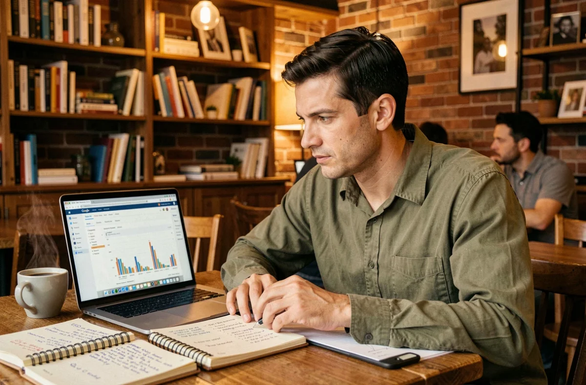 Consultant SEO freelance travaillant seul dans un café avec Google Search Console ouvert sur son ordinateur portable