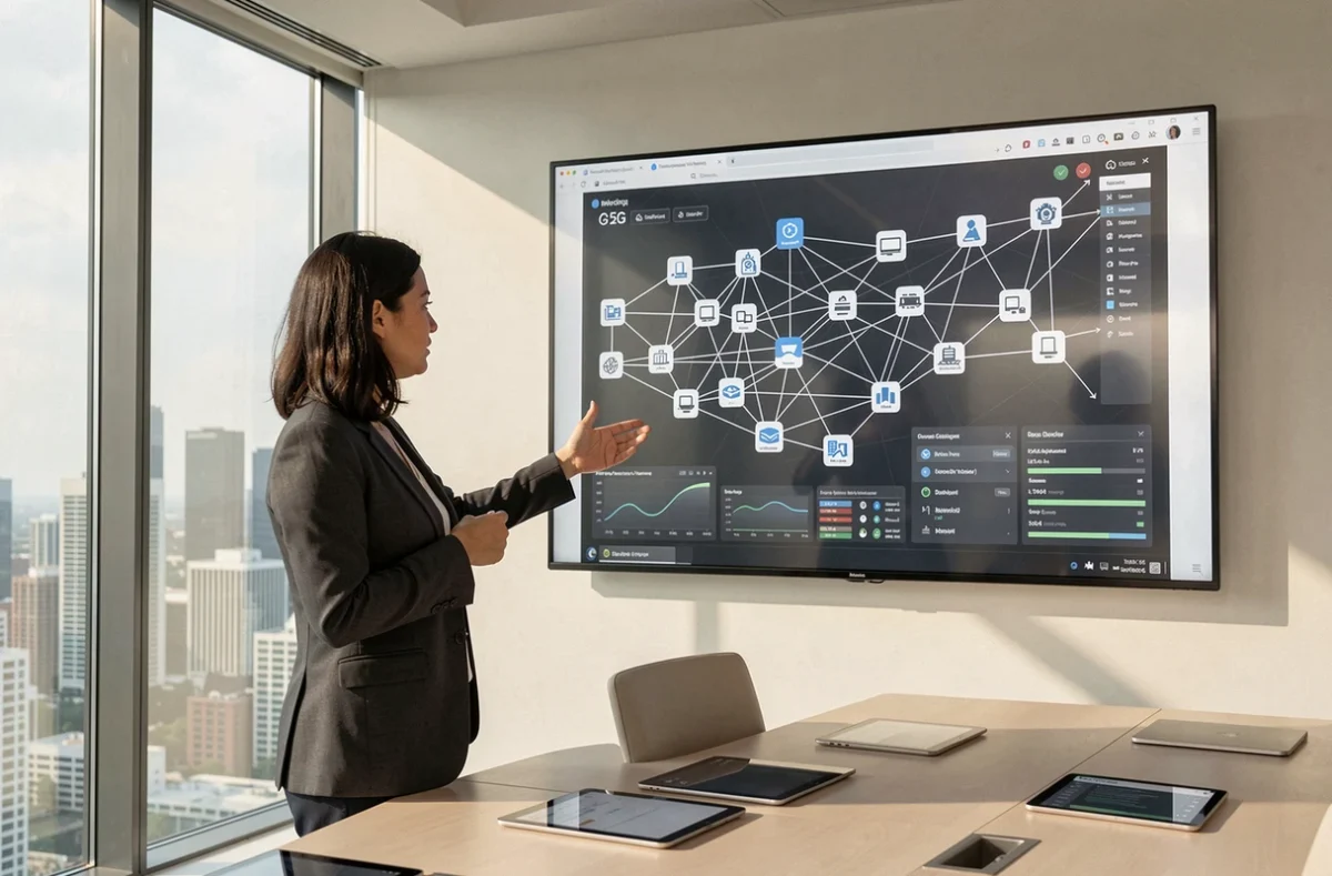 Consultante présentant une carte de réseau IoT 5G sur un écran interactif en salle de réunion