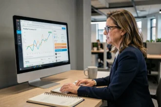 Consultante SEO analysant des données de référencement naturel sur un écran d'ordinateur dans un bureau moderne