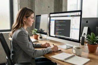 Consultante SEO analysant un audit technique on-page sur un écran d'ordinateur avec des rapports de balises meta et de structure de page