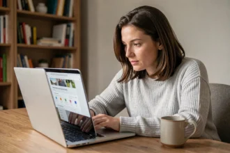 Femme consultant ses informations personnelles sur un ordinateur portable dans un bureau à domicile