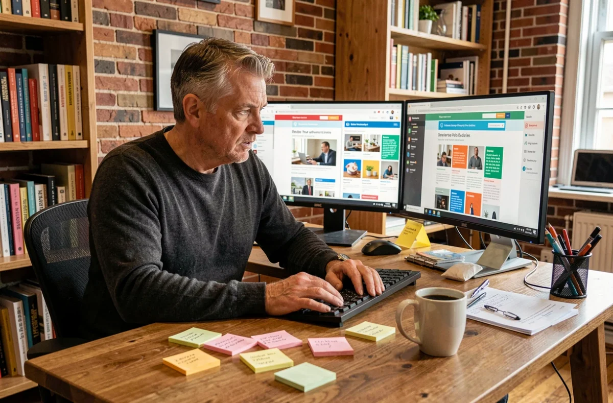 Homme comparant des modèles d'emails visuellement attractifs sur un double écran dans un bureau à domicile